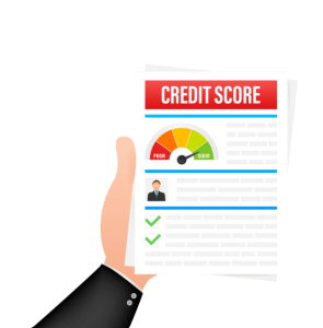 An animated hand holding a credit report displaying the average credit score.